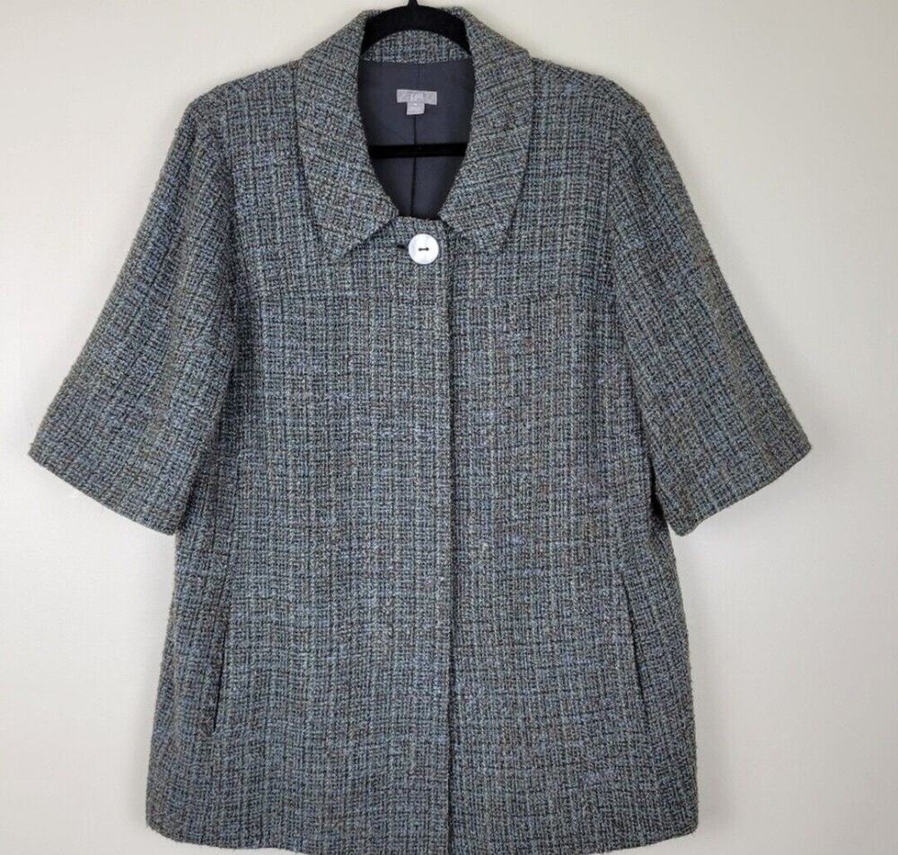 J.Jill Women's Short Sleeve Tweed Swing Coat Brown Wool Blend Quiet Luxury S